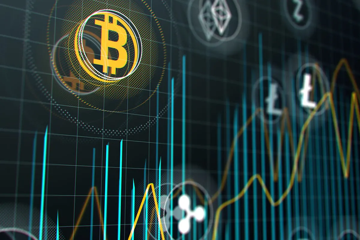نماد بیت کوین روی یک صفحه نمودار تحلیل تکنیکال قرار دارد.