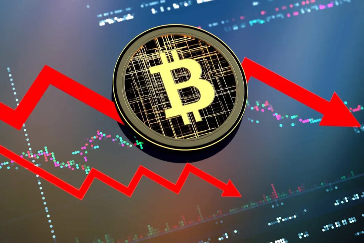 نموارد قرمز رو به پایین تحلیل تکنیکال که روی آن نماد بیت کوین قرار دارد.