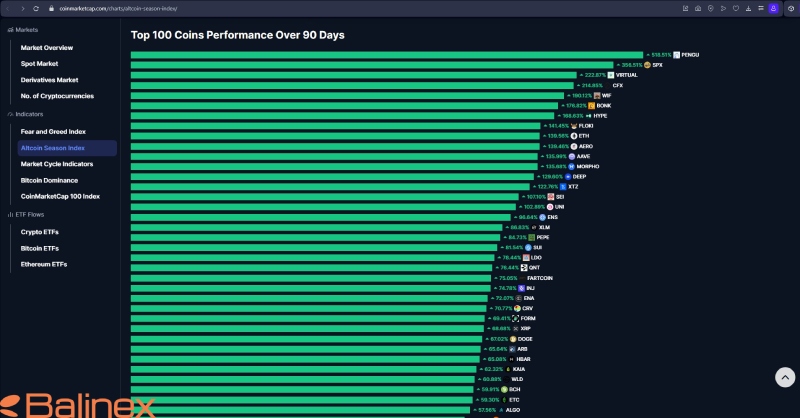نمایی از توکن های برتر در شاخص CMC Altcoin Season Index
