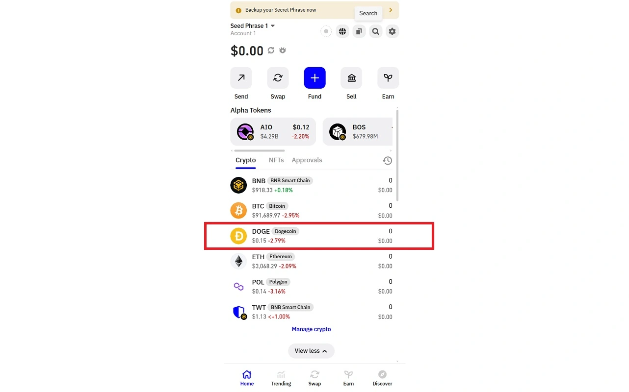 ارز دیجیتال دوج کوین در کیف پول تراست ولت