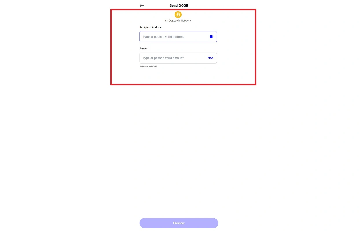 وارد کردن آدرس برای ارسال دوج کوین