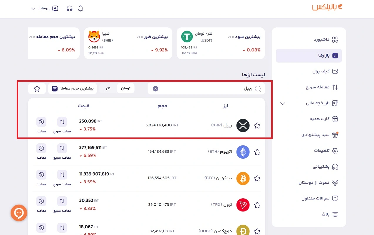 جستجوی ارز ریپل در بالینکس