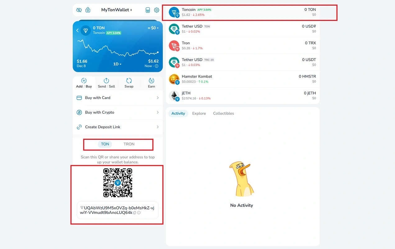 آدرس تون کوین در مای تون ولت