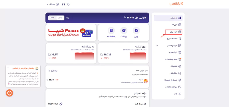 بخش "کیف پول" در بالینکس برای واریز تومان و خرید سولانا.