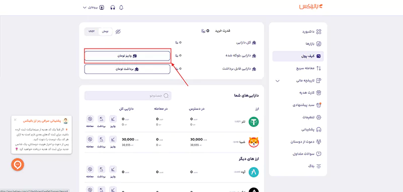 گزینه "واریز تومان" در کیف پول بالینکس برای خرید سولانا.