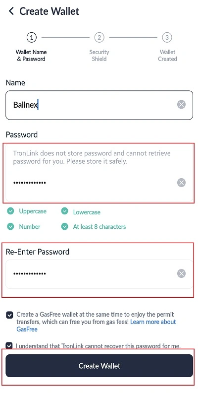 تعیین رمز برای ساخت کیف پول ترون لینک