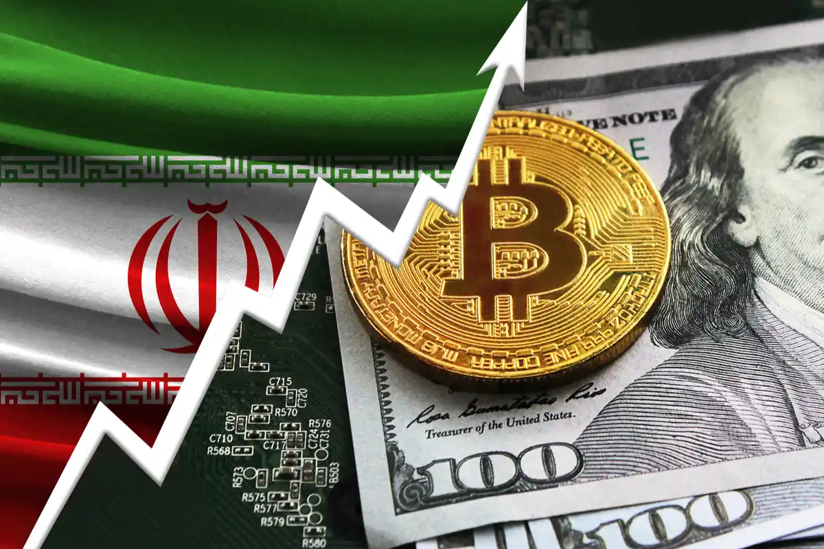 پرچم ایران در سمت  چپ و دلار و بیت کوین در سمت راست نمودار رو به بالا قرار دارد.