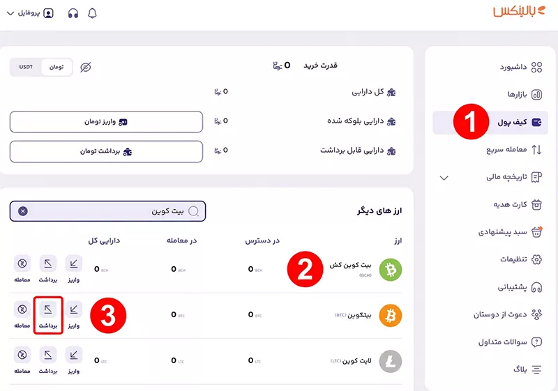 طریقه برداشت بیت کوین از صرافی بالینکس