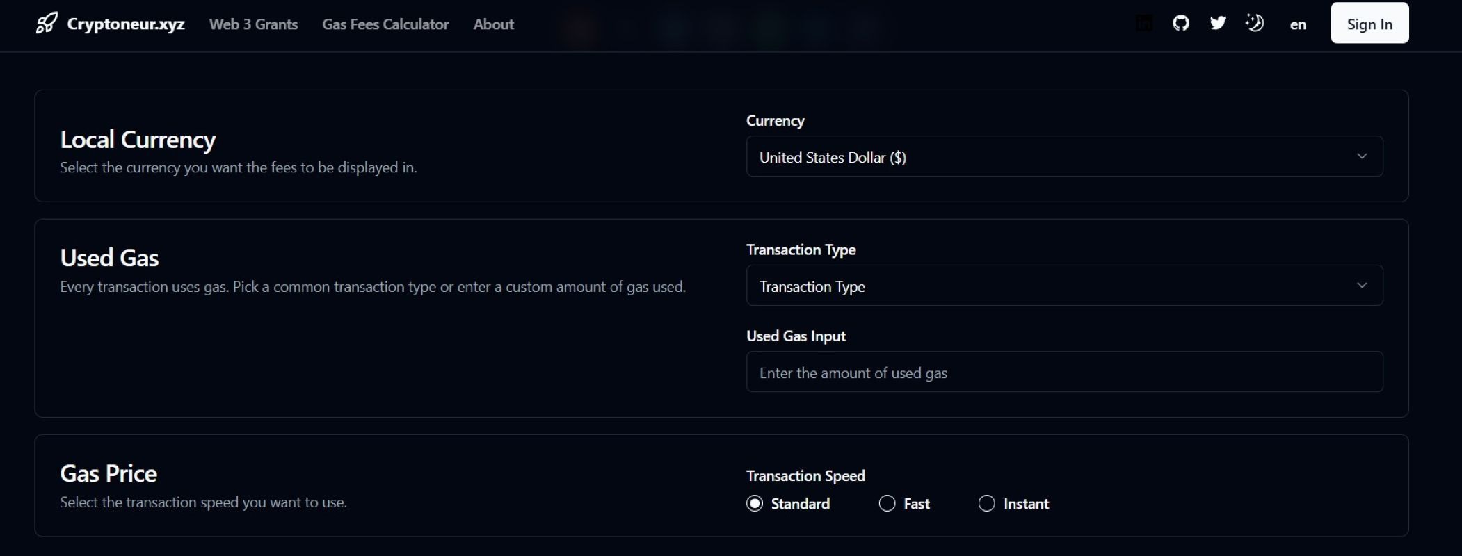 سایت Cryptoneur Gas Fees Calculator