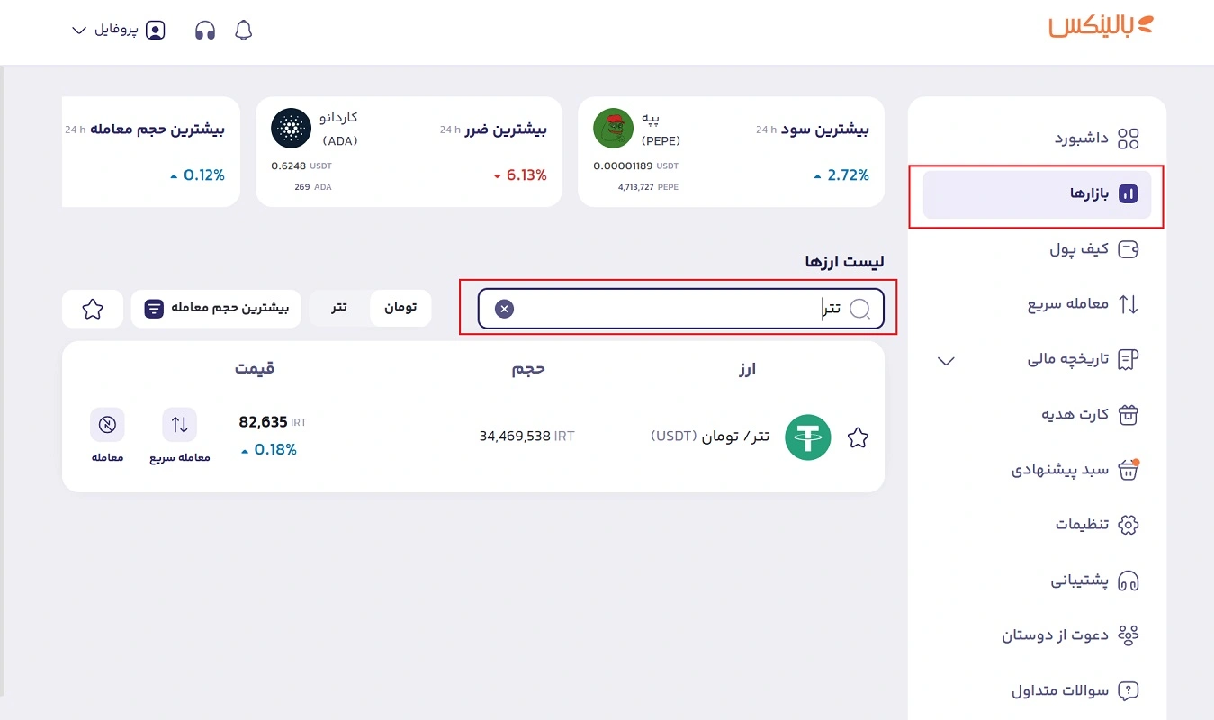 بازار معاملات تتر در بالینکس