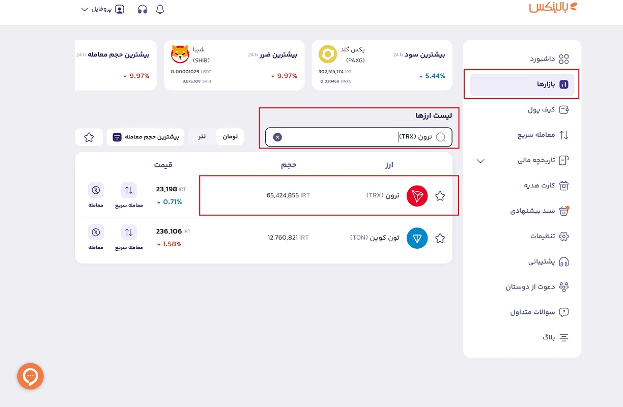 قیمت لحظه ای ترون در بالینکس