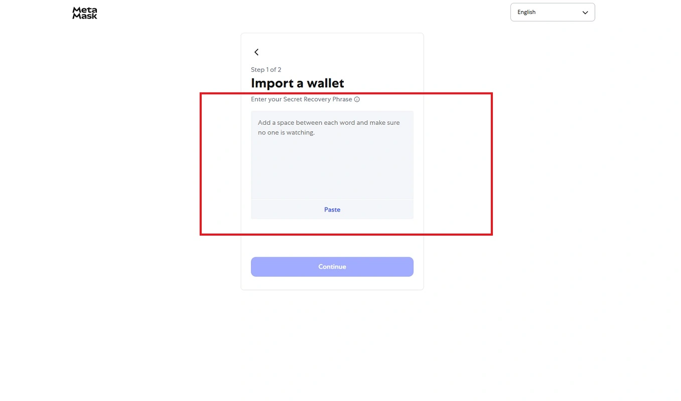 وارد کردن عبارت های بازیابی کیف پول متامسک 