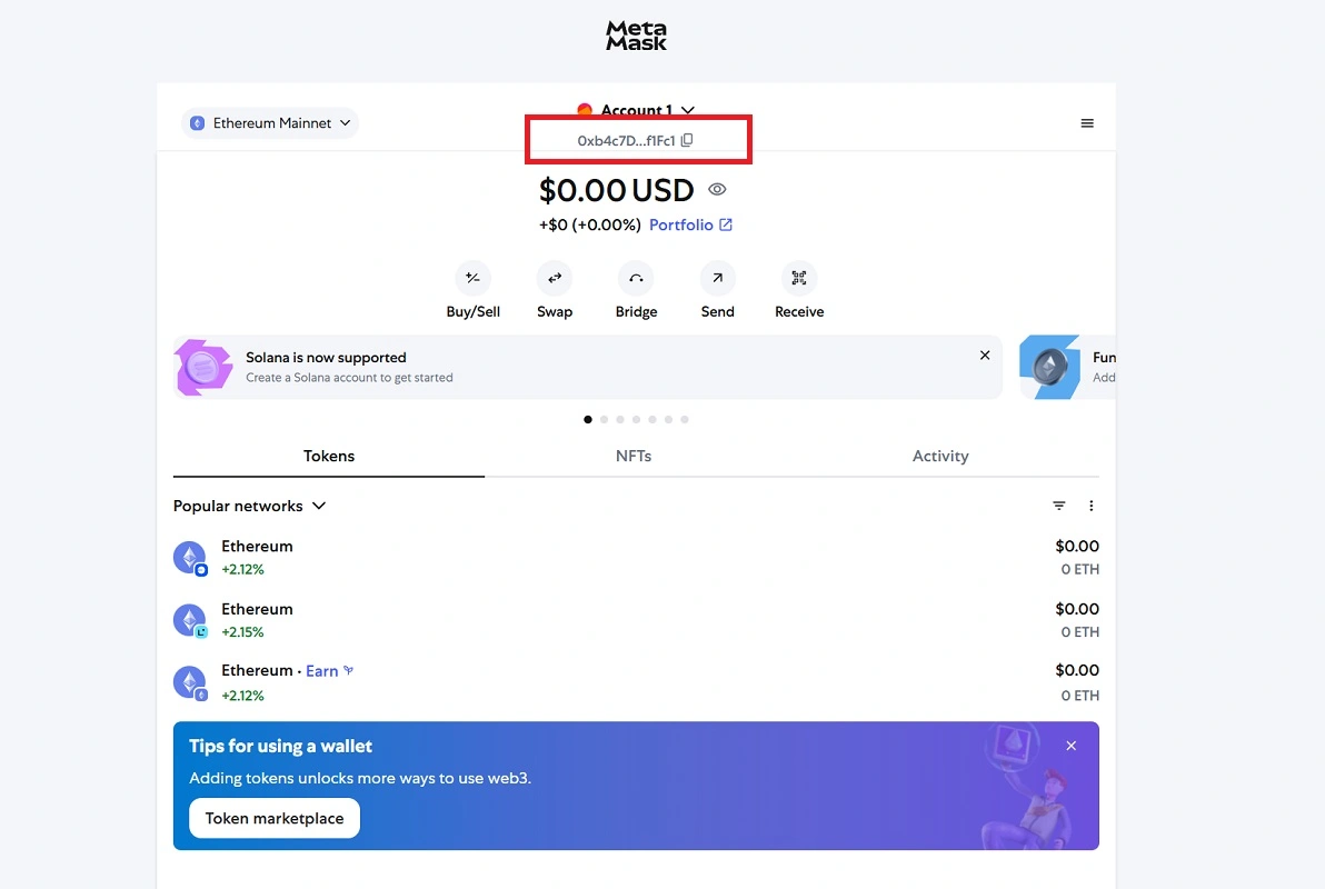 دریافت آدرس عمومی کیف پول متامسک