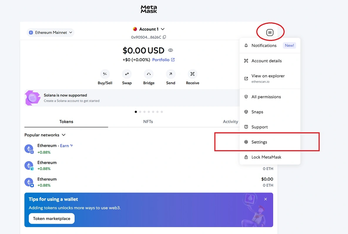 ورود به بخش تنظیمات کیف پول متامسک
