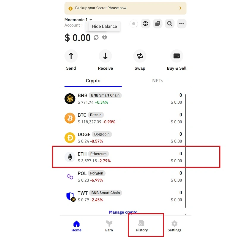 تاریخچه تراکنش اتریوم در تراست ولت