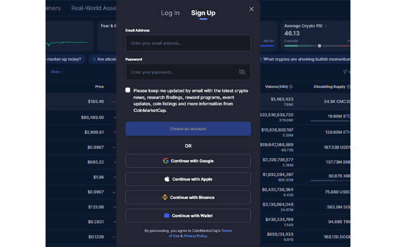 مرحله ۱: ثبت نام و ورود به حساب CoinMarketCap