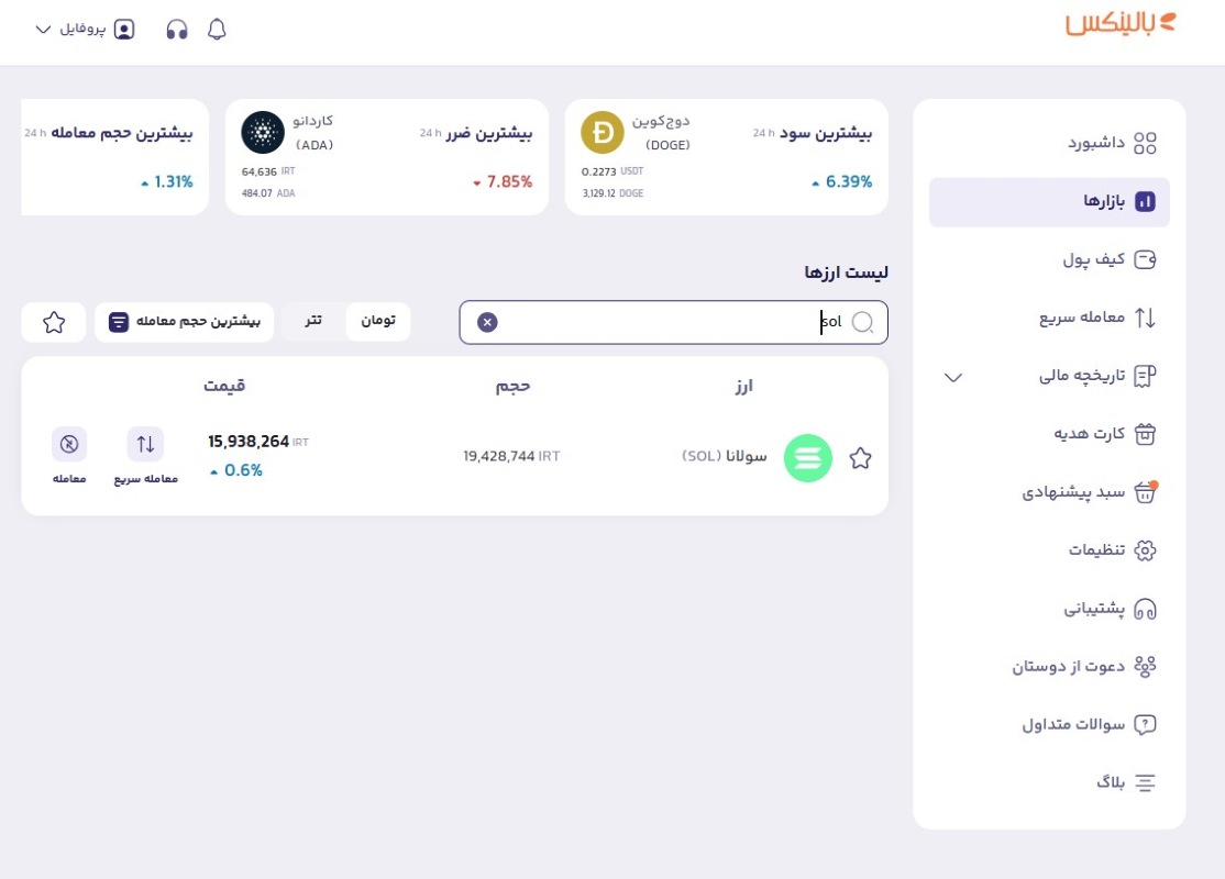 سولانا در بخش بازارها