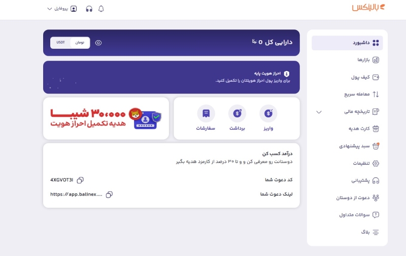 صفحه اصلی و داشبورد معاملاتی | از بالای صفحه می‌توان اقدام به احراز هویت کرد.
