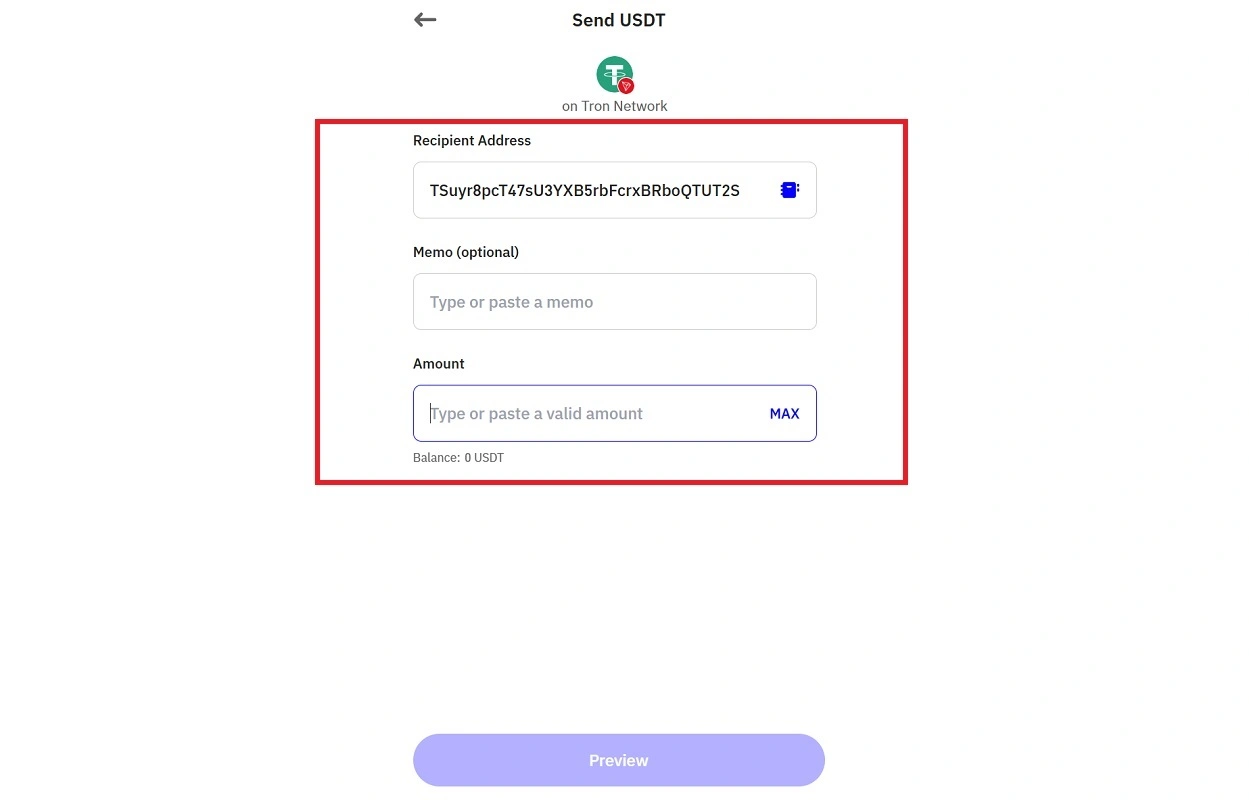 وارد کردن ادرس تتر برای برداشت از تراست ولت 