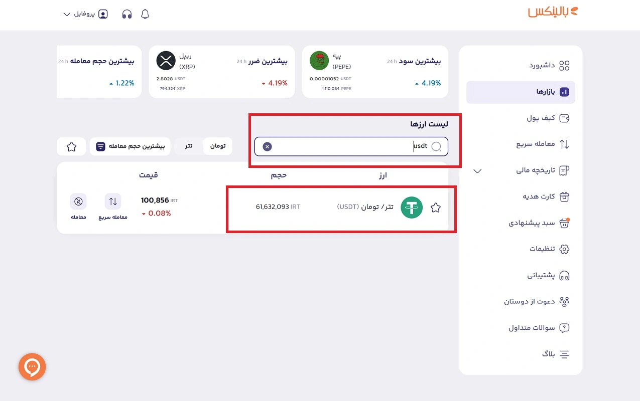 انتخاب تتر در لیست ارزهای دیجیتال بالینکس 