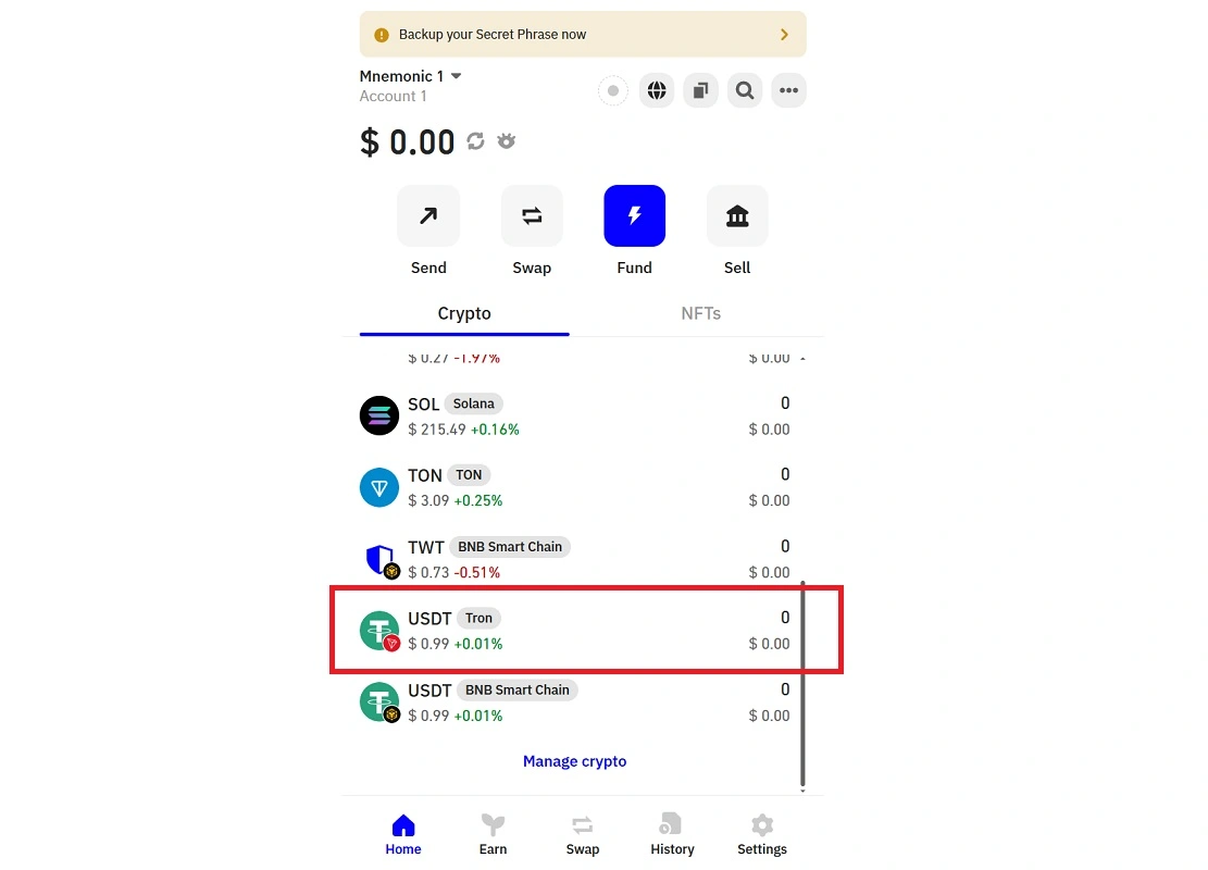 تتر TRC20 در تراست ولت 