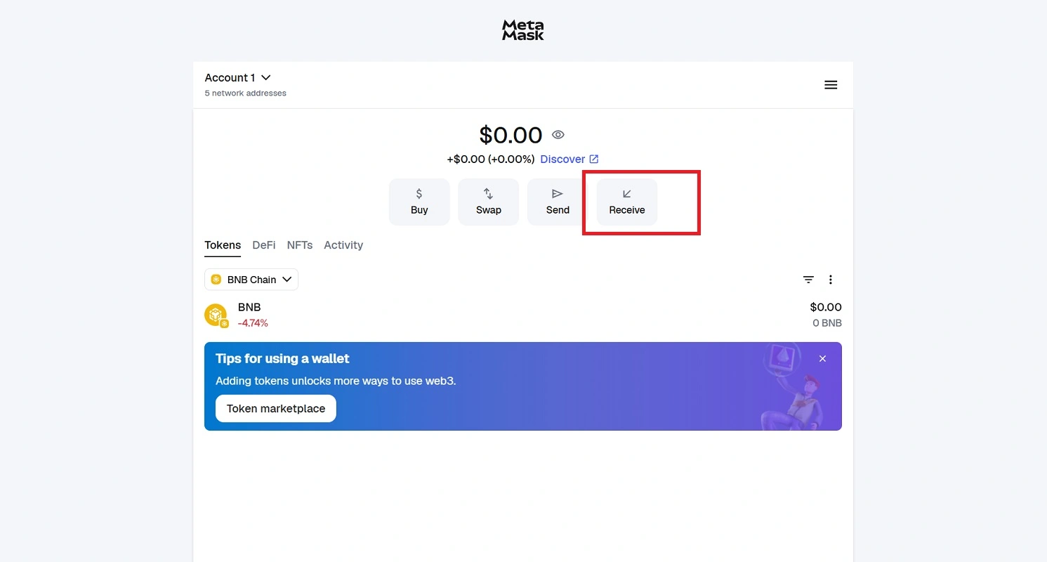دریافت ادرس بایننس کوین متامسک
