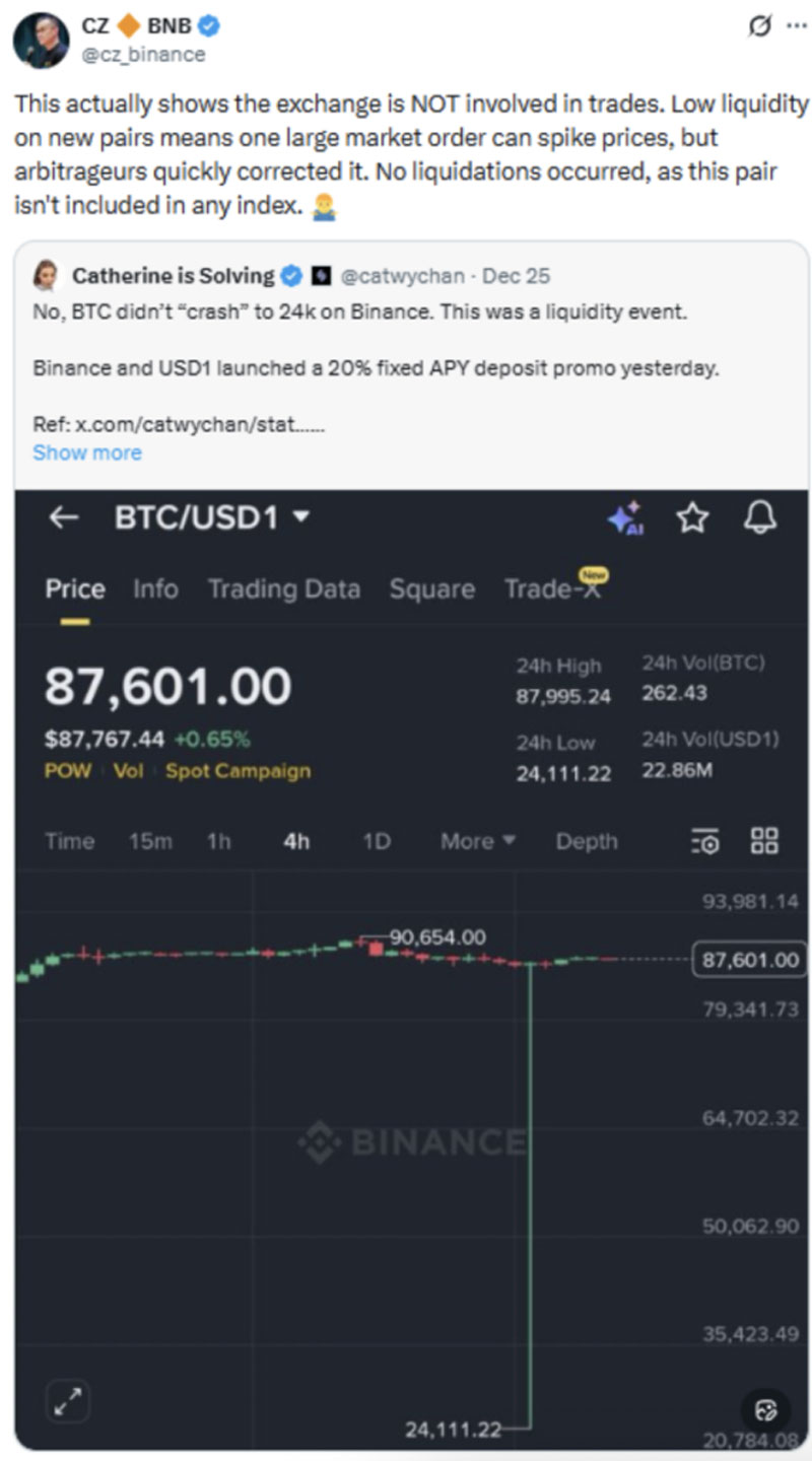 در روزهای اخیر، بیت کوین در صرافی بایننس به طور موقت به ۲۴ هزار دلار رسید