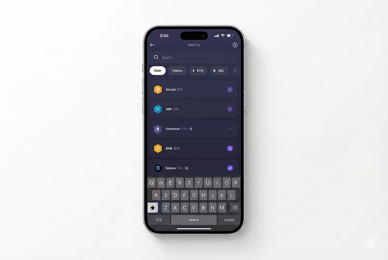 پیدا کردن ارز در لیست دارایی‌ها در اپلیکیشن اکسودوس